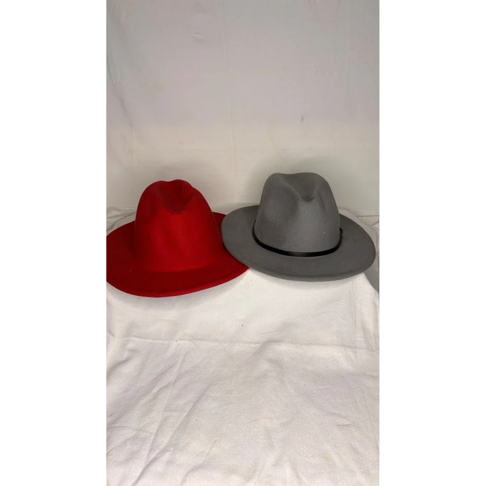 Bundle 2 Wide Brim Fedora Hats Red Blue Grey Adjustable Cotton Blend Unisex